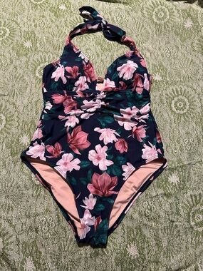 Cupshe Navy Floral Halter One-Piece Swimsuit with Pink Blooms